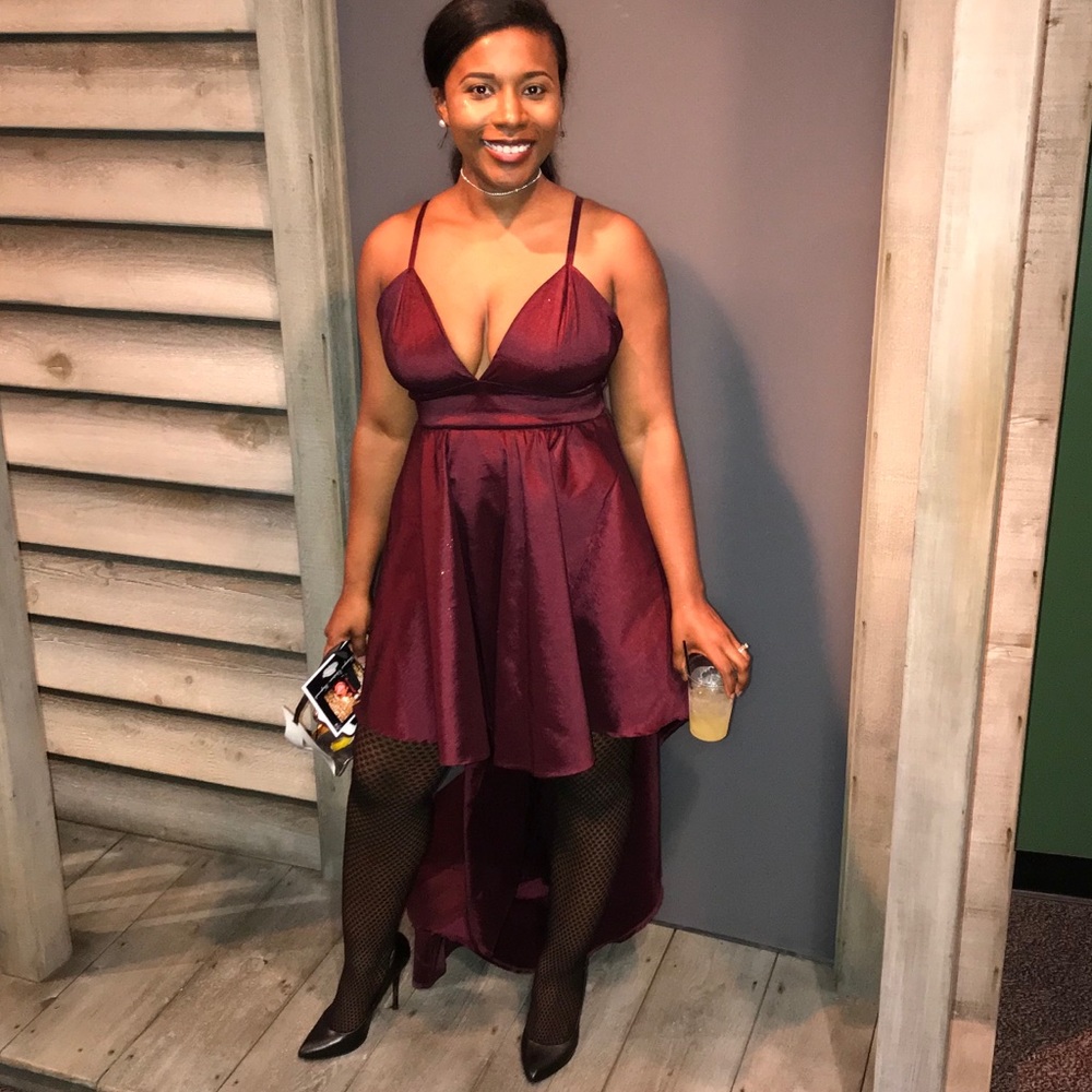Wine spaghetti strap hi-low formal dress